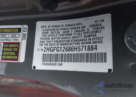 2006 Honda Civic Lx из США, поврежденный, VIN 2HGFG12686H571884